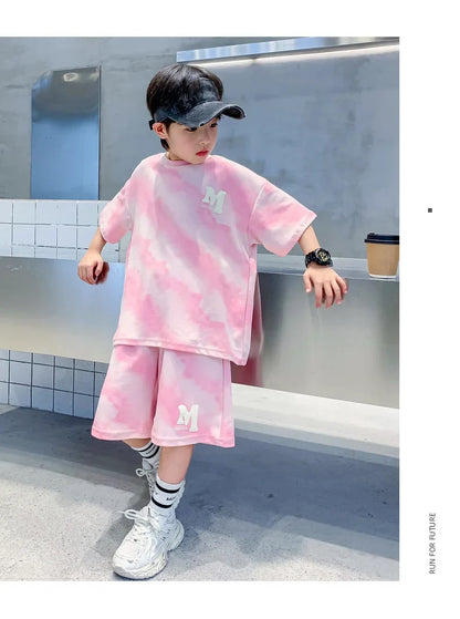 Summer Fashion Boys Cotton Alphabet Tie Dye T-Shirt Tops+Shorts Pant School Kids Tracksuit Child 2PCS Outfit Workout Set 5-16 Yr