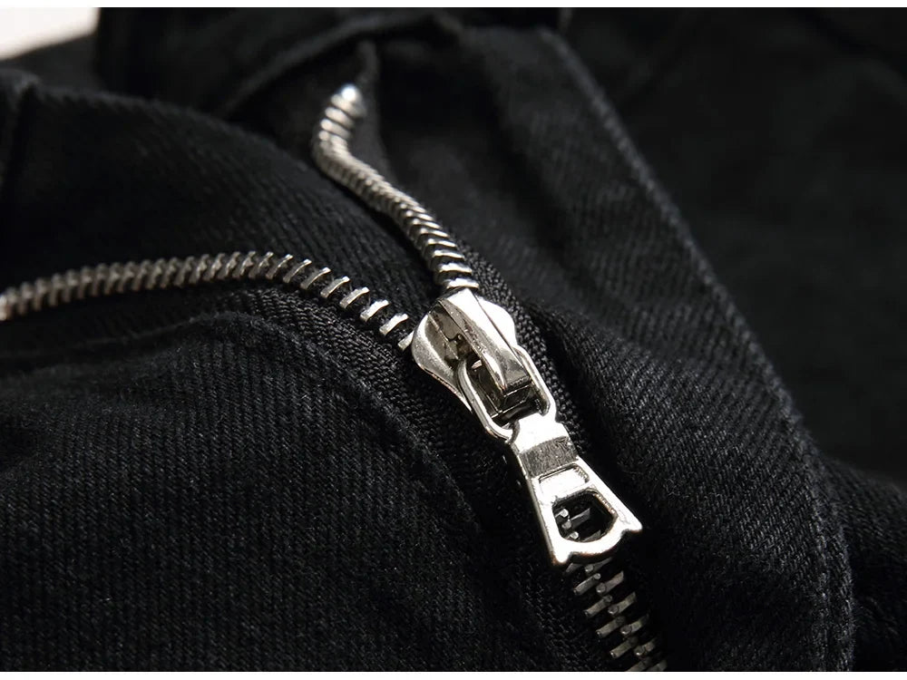 Men Snake Embroidery Jeans Streetwear Black Stretch Denim Pants Holes Ripped Distressed Slim Straight Trousers