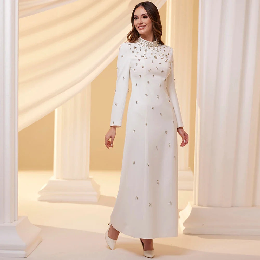 Simple Jersey Evening Dress Temperament Long Sleeves A-Line Prom Dresses Customized Sparkly Crystal Special Occasion Gowns