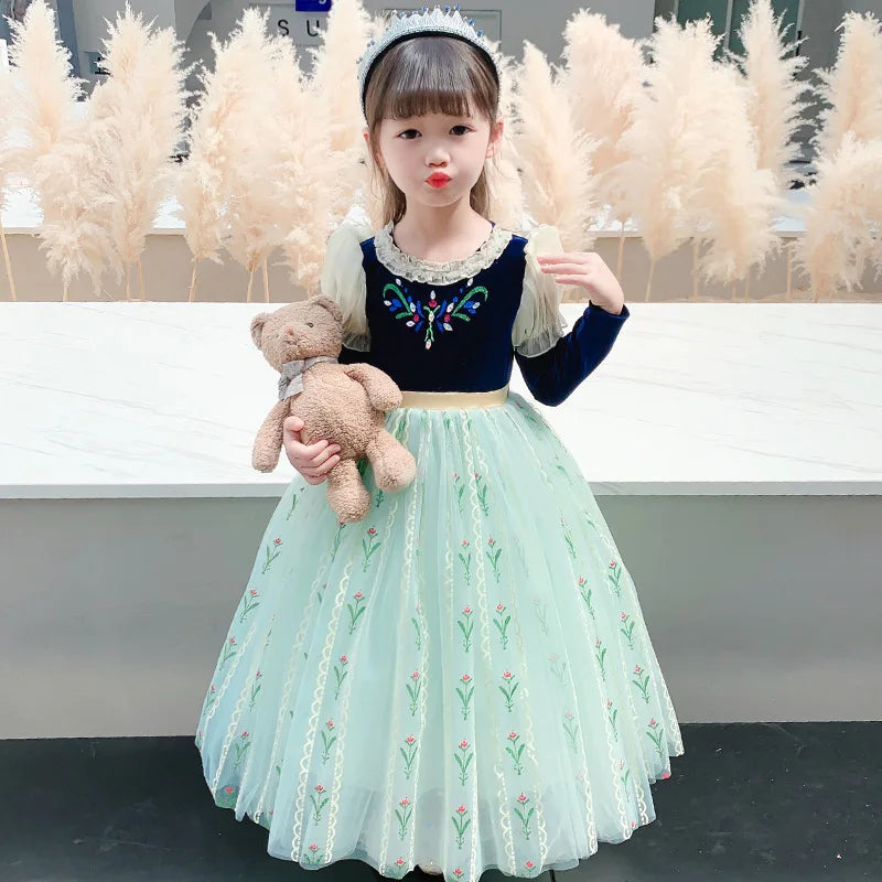 Girls' Summer Anna Frozen Baby Dress Child Green Dress Up Halloween Costume for Kids Princess Party Cosplay Dresses 2 to 8 Years