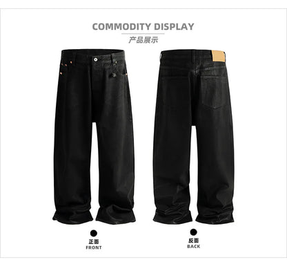 Men's Jeans Cotton Denim Casual Straight Leg Brush Wax Coating Black Pants ZJ086