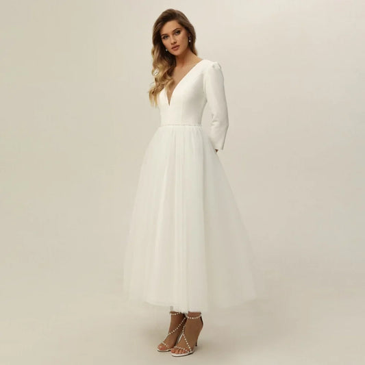 Short Wedding Dress Robe De Mariee Customized V Neck Long Sleeves Beading Belt A Line Bridal Gown Ankle Length Bride Dresses