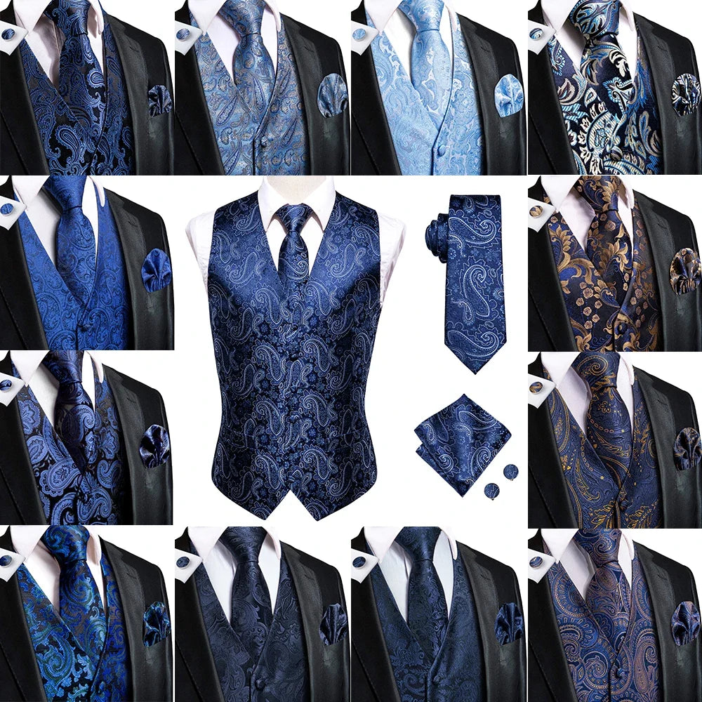 Navy Blue Mens Vest Formal Paisley Waistcoat Jacket Tie Handkerchief Cufflinks Set For Male Dress Suit Wedding Party