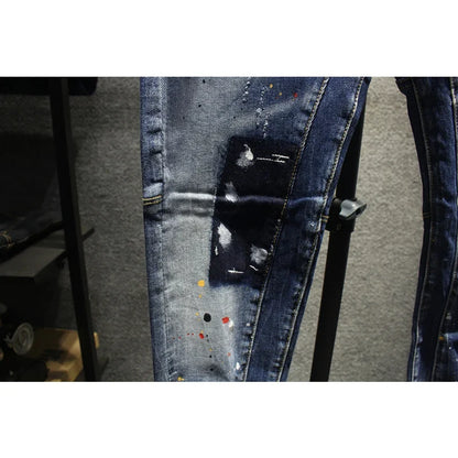 Street Fashion Men Jeans Retro Blue Stretch Slim Fit Spliced Ripped Jeans Men Painted Designer Hip Hop Vintage Denim Pants Homme