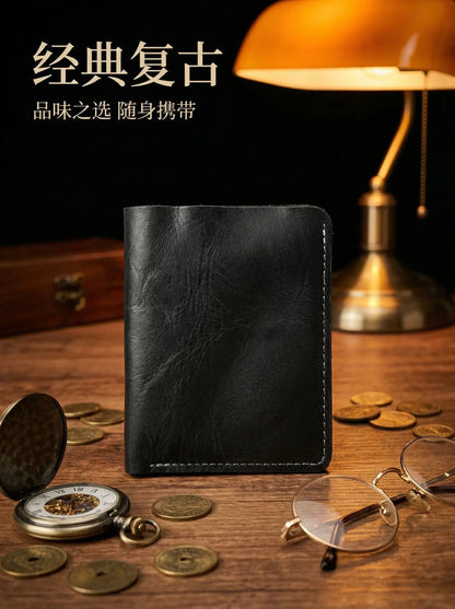 Ultra-Durable Men's Leather Short Wallet, Scratch-Resistant Hand-Rubbed Top Grain Leather Card Holder, Minimalist Travel Wallet