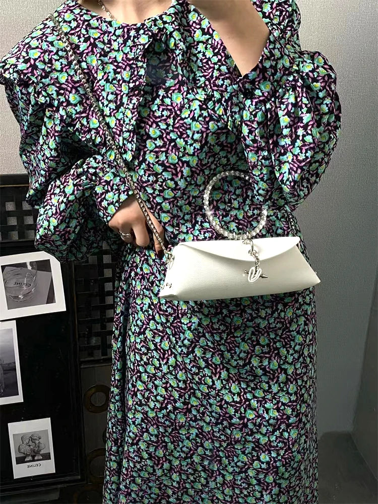 Clutch Bag Luxury Designer Handbag for Women 2025 with Chain Metal Ring Handle PU Leather Rhinestones Purses Shoulder Bag