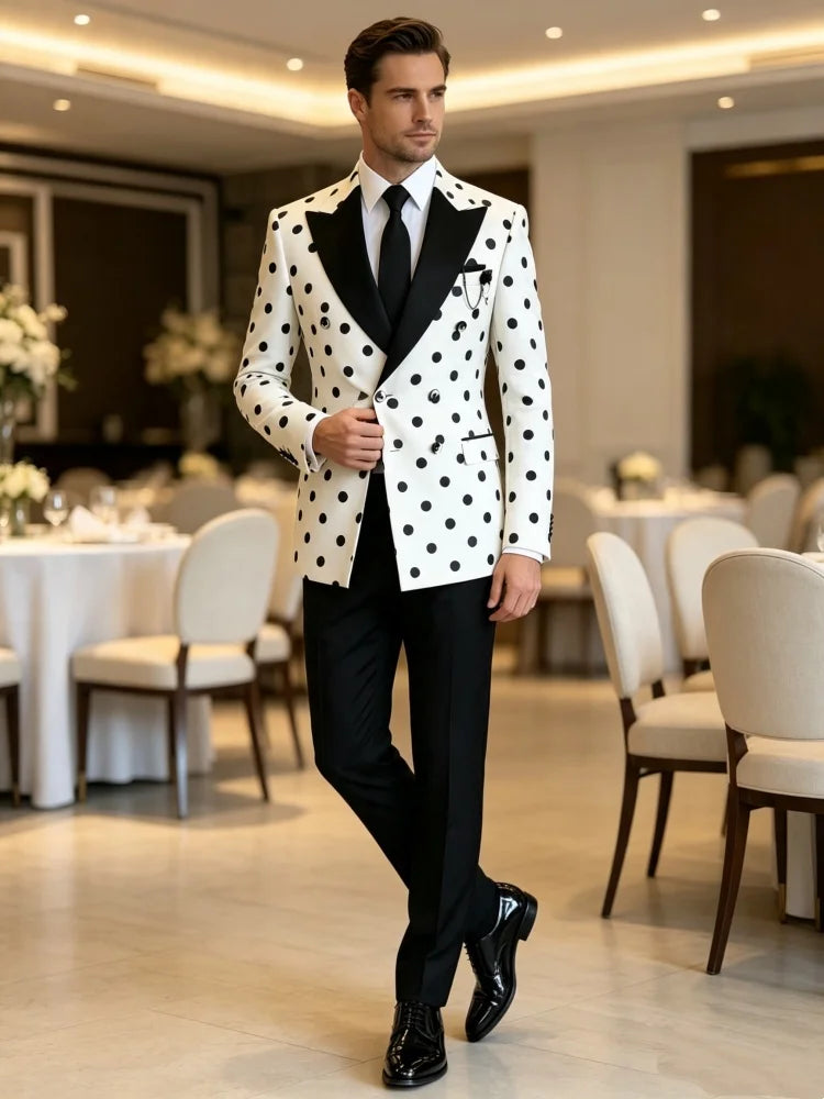 Men's Slim Fit White Black Polka Dot Double Breasted Blazer Satin Peak Lapel Suit Jacket For Formal Business Groom Wedding Party