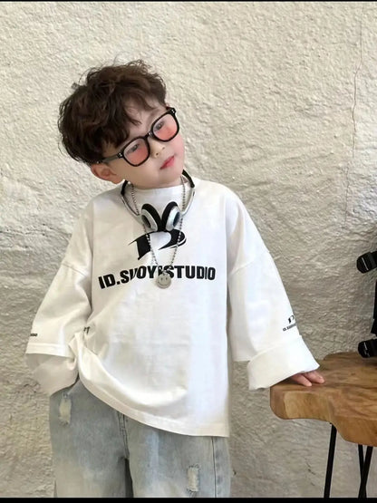 2-9 Yrs Baby Boys Spring and Autumn Korean New Children's White Loose Two Sleeve T-shirt+Hole Jeans Set Boy Outfits Kids Clothes