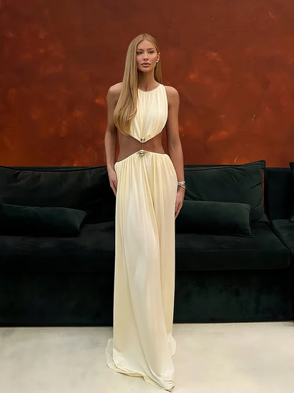 Metal Patchwork Waistless Long Dresses Women o-Neck Sleeveless Summer Vacation Y2K Style Ruched Elegant Vestidos