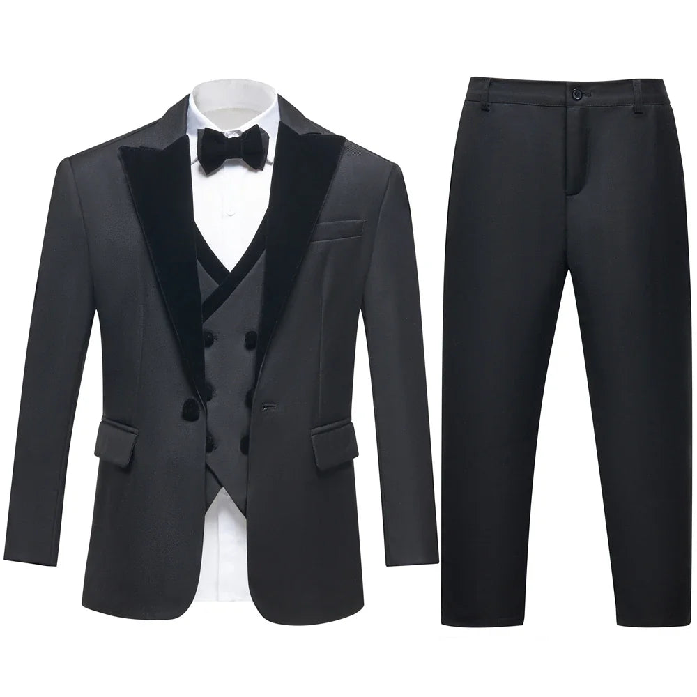 Slim Fit Formal Tuxedo Suit Chidren Graduation Suit Set for Boys, Velvet Peak Lapel Jacket Vest Pants Bow-tie 4-Piece Set