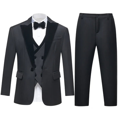 Four Pieces Boys Formal Suit Set, Velvet Collar Blazer Vest Pants Bow-tie Tuxedo Pants, Homecoming Children Wedding Suits
