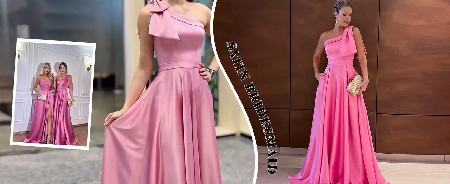 One Shoulder Large Bow Bridesmaid Dress with Pleated Satin and Pockets Simple ,Stylish Ball Dressadies' Guest One Shoulder Dress