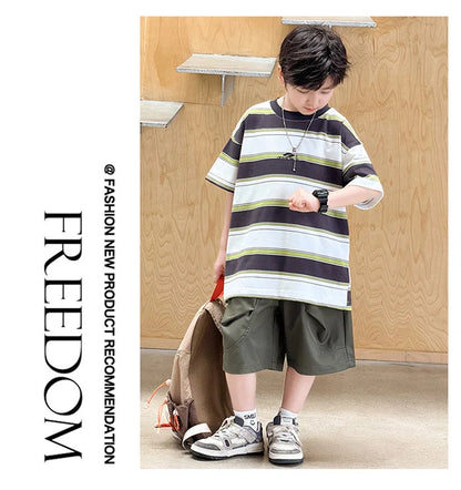 New Arrival Stylish Kids Summer Striped Suit for Teenage Boy Fashion Street Clothing Children Casual T-shirt Shorts 2PCS Set