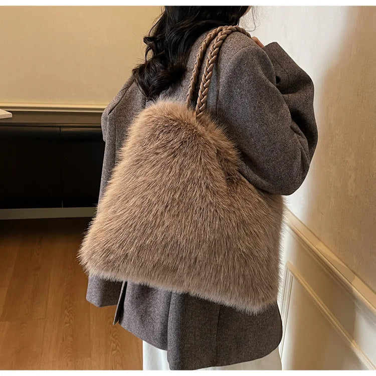 Fashion Women Furry Shoulder Bag Large Capacity Tote Handle Bag for Autumn Winter Outing Commuter Texture Versatile Storage Bags