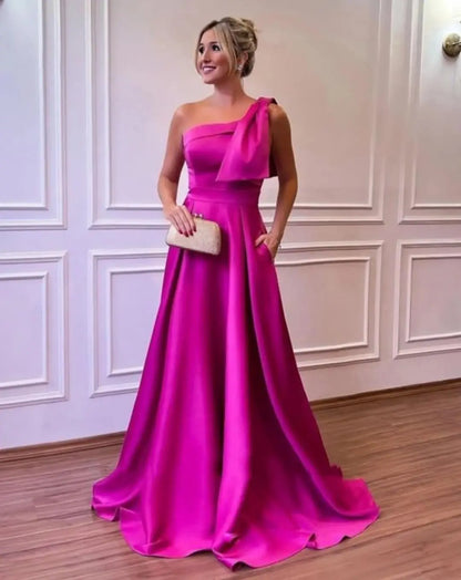 One Shoulder Large Bow Bridesmaid Dress with Pleated Satin and Pockets Simple ,Stylish Ball Dressadies' Guest One Shoulder Dress