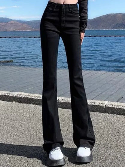 Women Korean Flare Jeans Girls High Waist Elastic Boot Cut Pants Lady Vintage Blue Black Gray Brown Denim Bell Bottom Trousers