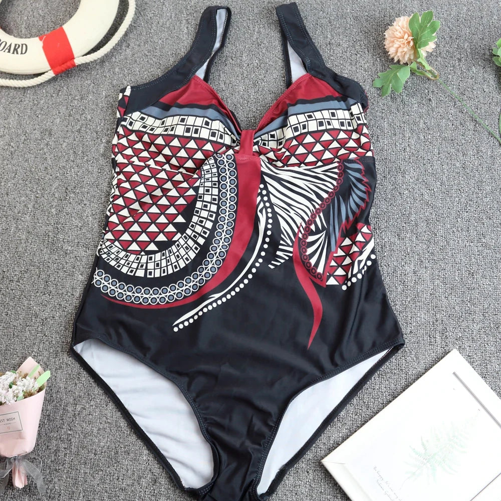 2024 Vintage One Piece Swimsuit Women Swimwear Tummy Control Monokini Sexy Bodysuit Print BathingSuit Female Beachwear Plus Size