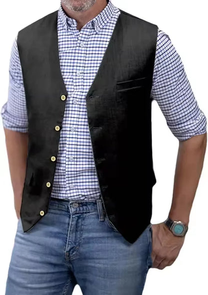 V Neck  Men's Vest Linen Suit Vest Summer Leisure Cotton Linen Waistcoat For Beach
