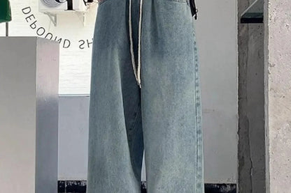 Elastic Waist High Waist Wide Leg Jeans for Women Loose Straight Blue Long Denim Pants Female Fashion Streetwear Jeans