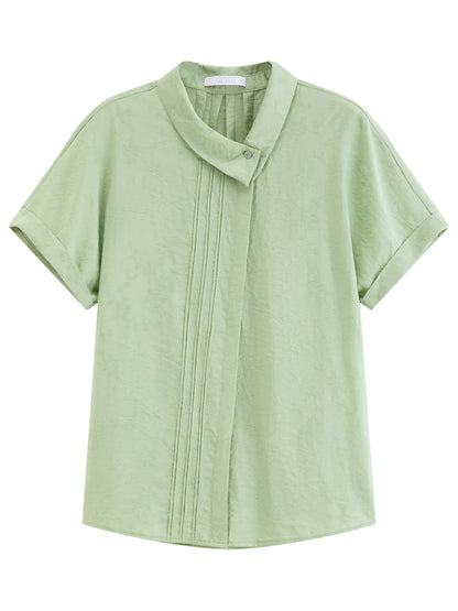2026 Summer Women‘s Asymmetric Drop Shoulder Blouse, Notched Collar Short Sleeve Shirt for Relaxed Designer Style Top