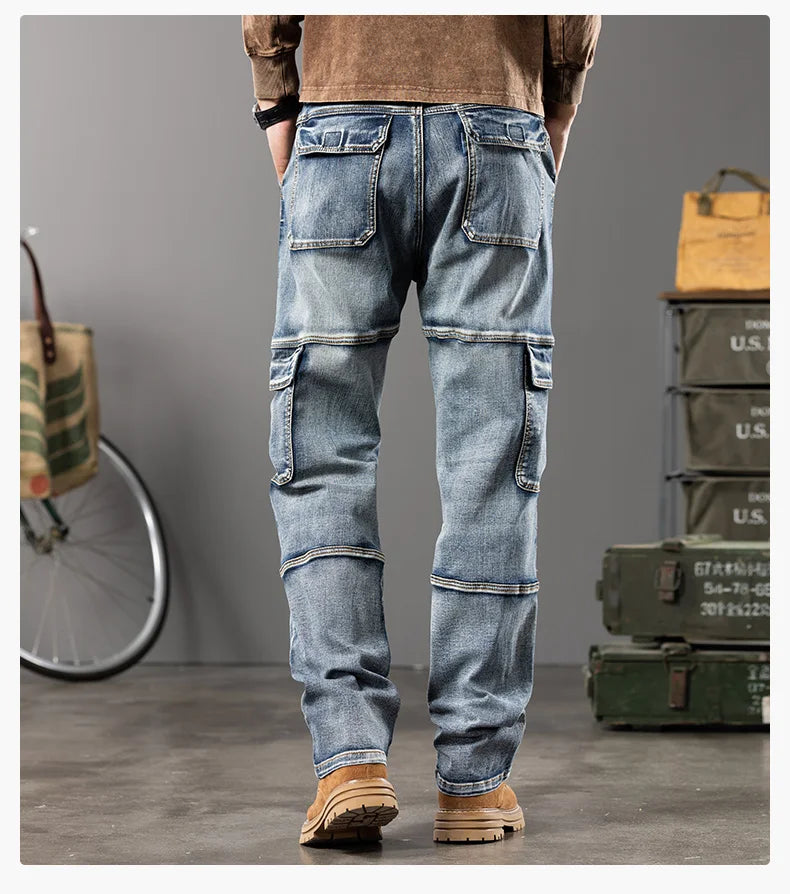 Autumn and winter new styles Men's Outdoor Wide Leg Workwear Multi-Pocket Jeans Straight fit plus size men's jeans  42 44