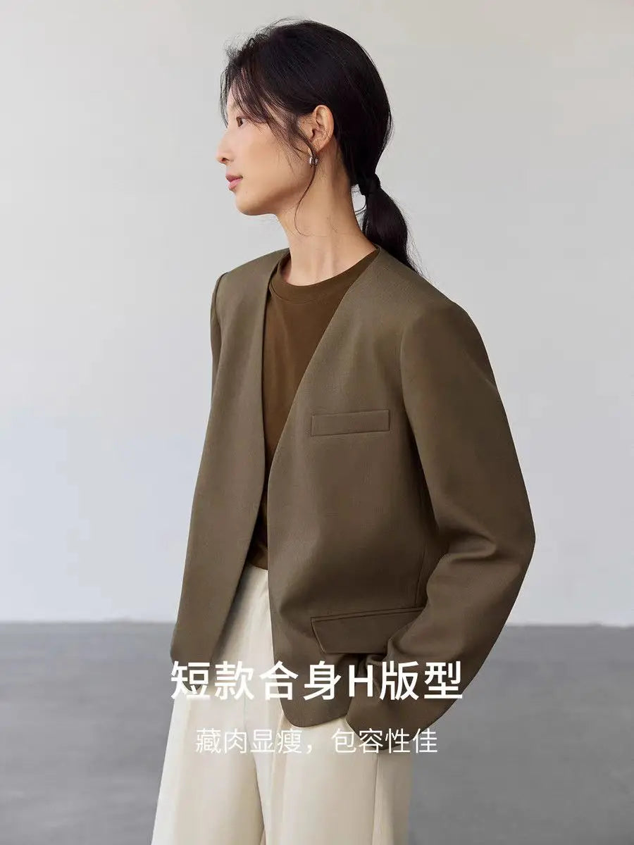 Womens Gray Collarless Blazer Cropped Open Front Suit Jacket Casual Office Outerwear