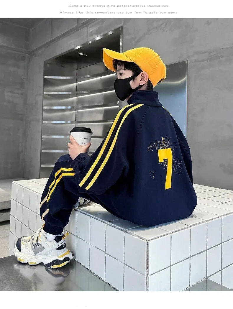 SpringAutumn Boys Cotton Half Zip Pullover Sweatshirt+Sweatpant Work Set School Kid 2PCS Tracksuit Children Jogger Outfit 5-16Yr