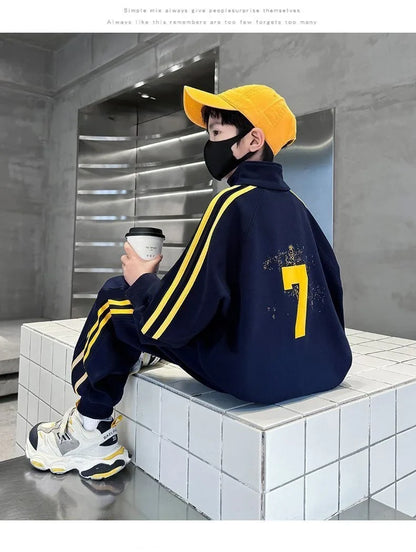 SpringAutumn Boys Cotton Half Zip Pullover Sweatshirt+Sweatpant Work Set School Kid 2PCS Tracksuit Children Jogger Outfit 5-16Yr