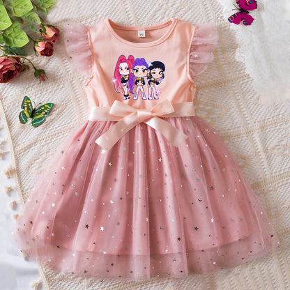 K-Pop Hunters Zoey Rumi Girls Sequin Tutu Dress with Bow Flutter Sleeves Summer Princess Party Outfit for Toddler Kids 2-6Y