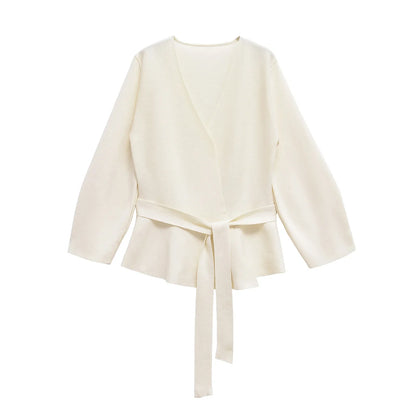 Spring Women Shoulder Pad Belt Knit Blazer Women Retro V-neck Long Sleeve Versatile Female Coat Women Clothes 9598/128
