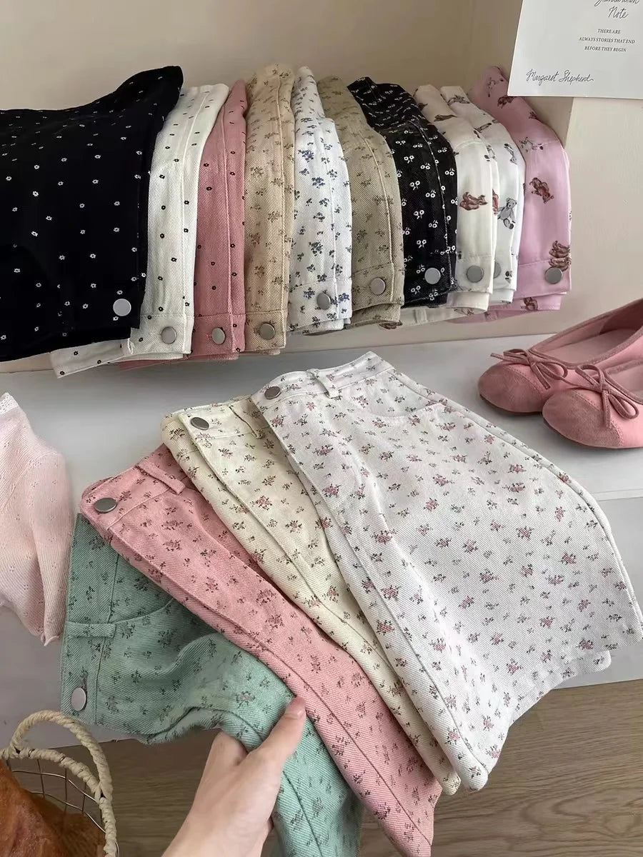 Floral Skirts Women Denim Mini A-line Sweet High Waist Korean Fashion Age-reducing Summer Lovely Girls Tender Temperament Ins