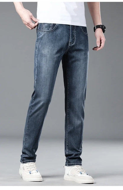 New Men's Thin Lyocell Jeans Soft Business Stretch Fashion Trousers Slim Brand Casual Elasticity Denim Pants Male Clothes