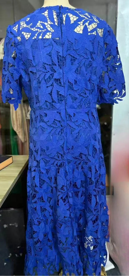 Sexy Lace Hollow High Low Long Formal Plus Size Dress With Short Sleeves Royal Blue