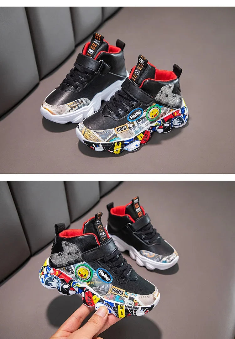 Size 26-37 Children Sports Sneakers for Girls Kid Cartoon Graffiti Pattern Casual Shoes Boys Basketball Shoe Chaussures De Sport