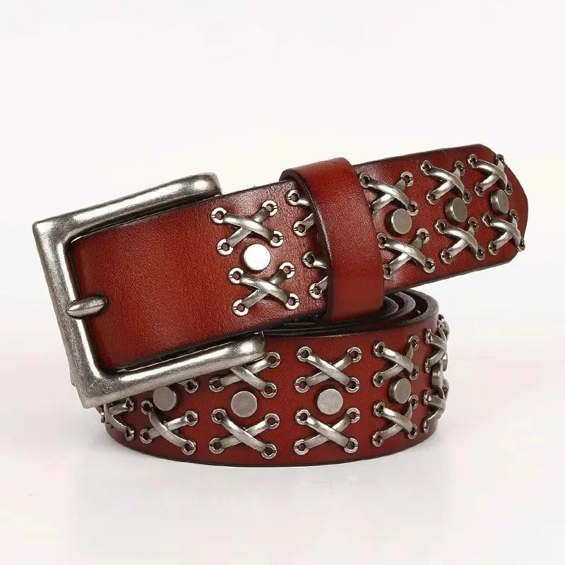 3.8CM Cowboy Punk Belt Real Genuine Leather Men Belt Metal Stud Rivet Jeans Belts For Men Strap Ceinture Homme Male Strap