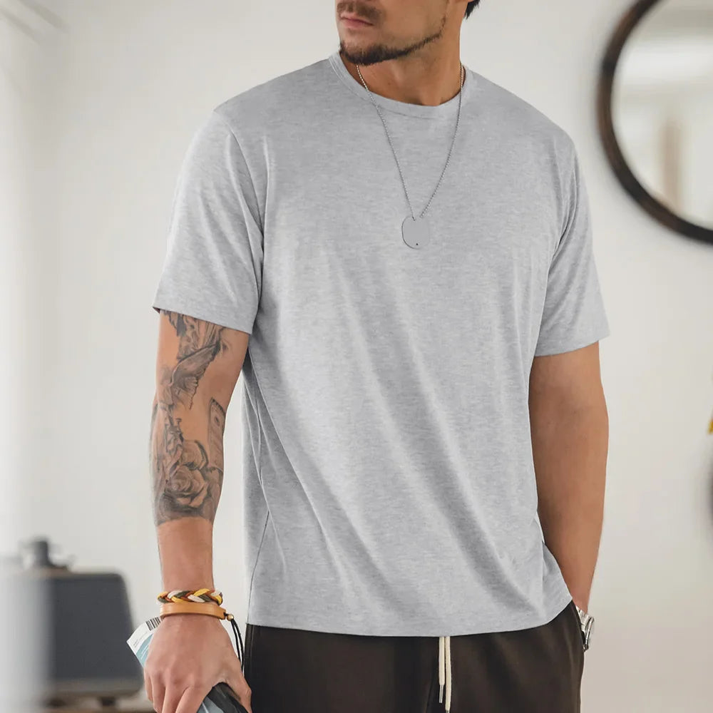 Casual Breathable Blended Short Sleeve T-shirt for Men's Summer Crew Neck Lightweight Basic Tees Versatile Loose Fit Tops