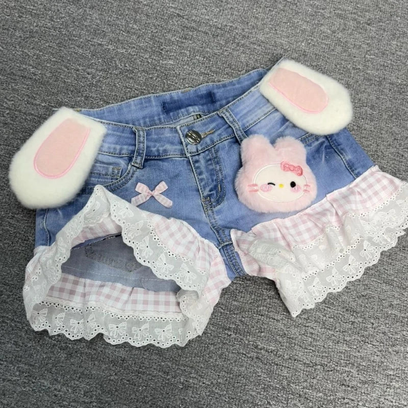 Y2K Vintage Spice Girls Cute Two-dimensional Pink Plaid Rabbit Ears Stitching Lace Denim Shorts Retro Sweet Cowboy Short Pants