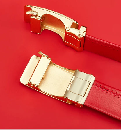 Men belt red leather belt automatic buckle adjustable belt in Europe and the United States personality trend pants belt