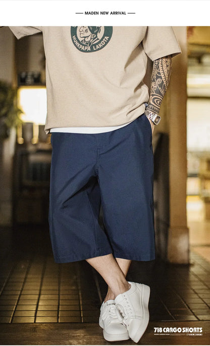 Men's 718 Summer Casual Shorts Japanese Style Solid Color Loose Fit Straight Leg Zipper Fly Commuter Workwear Pants