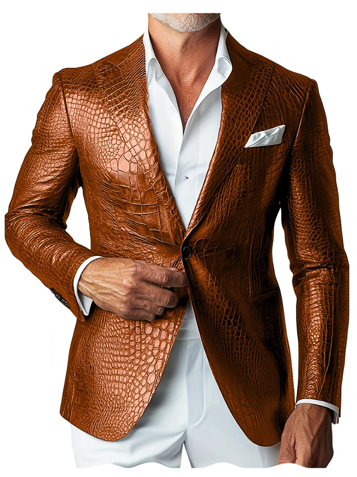 Luxury Men's Crocodile Embossed Leather Blazer Notch Lapel Suit Fit 1 Button Jacket Shiny Croc Print Formal Business Party Coat