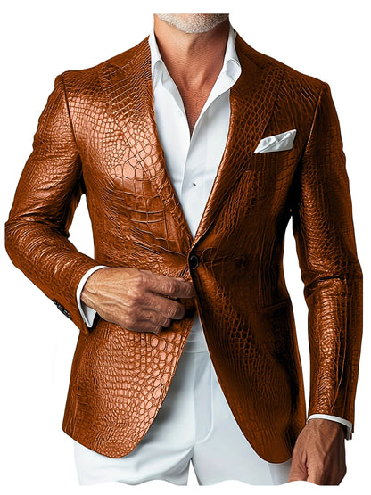 Luxury Men's Crocodile Embossed Leather Blazer Notch Lapel Suit Fit 1 Button Jacket Shiny Croc Print Formal Business Party Coat