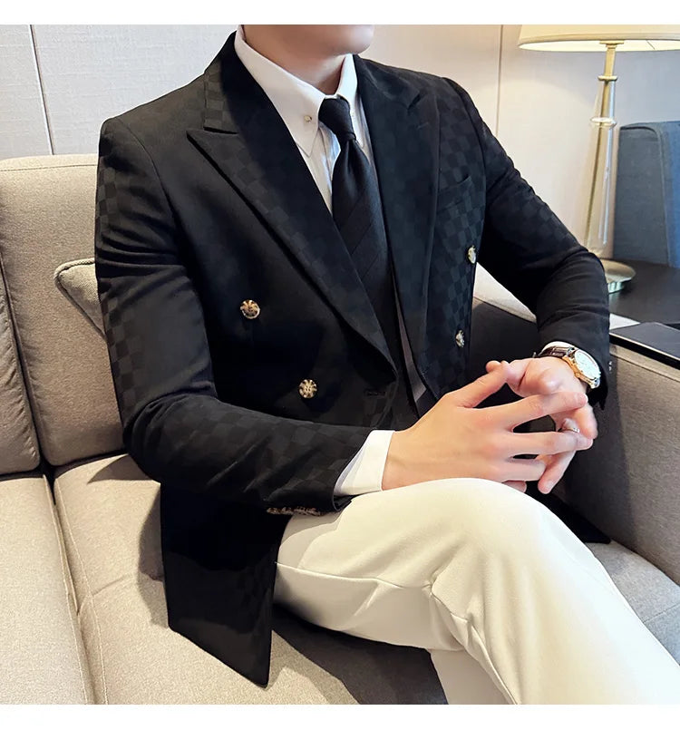 6 Color Luxury Double Breasted Blazers Coats 2024 New Fashion Checkered Business Slim Fit Social   Formal Suit Jacket 5XL-M