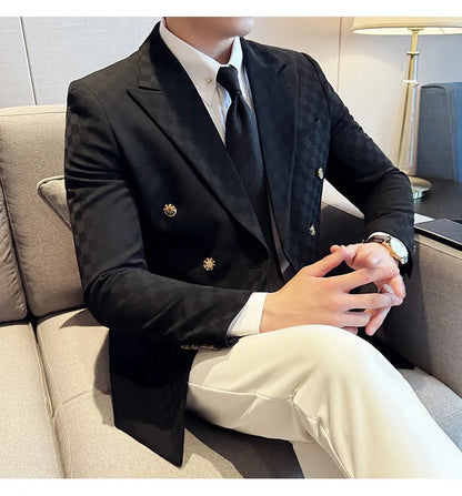 6 Color Luxury Double Breasted Blazers Coats 2024 New Fashion Checkered Business Slim Fit Social   Formal Suit Jacket 5XL-M