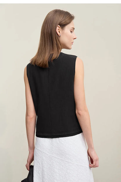V-Neck Women's Vest Top 2026 Summer New Single Breasted Chiffon Patchwork Hem Sleeveless Blouse Casual Short Tank 12622042