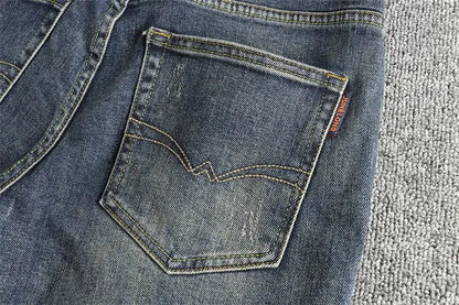 Retro blue wash-fried cat whisker jeans men's high-end custom fabric American fashion brand youth nine-point pants