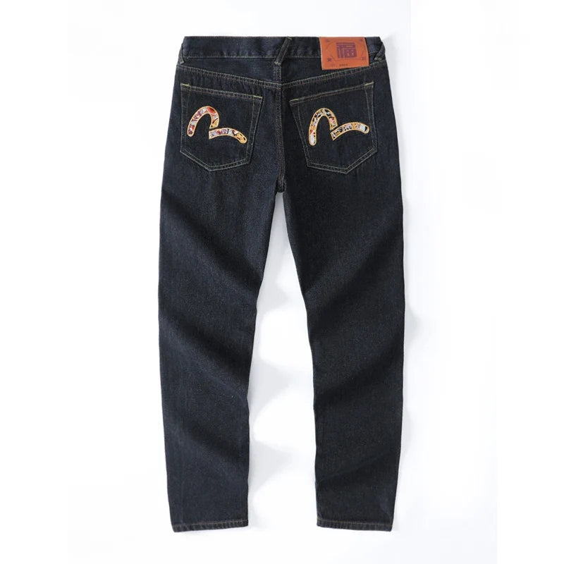 Japanese Handmade Embroidered Jeans Men's Pure Cotton Straight Tube Hip-Hop Popular Slim Red Ears Show Thin Trousers Devil Big M