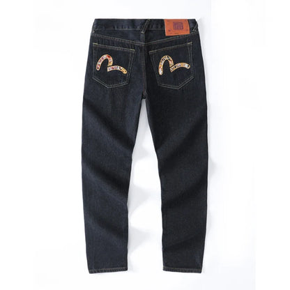 Japanese Handmade Embroidered Jeans Men's Pure Cotton Straight Tube Hip-Hop Popular Slim Red Ears Show Thin Trousers Devil Big M