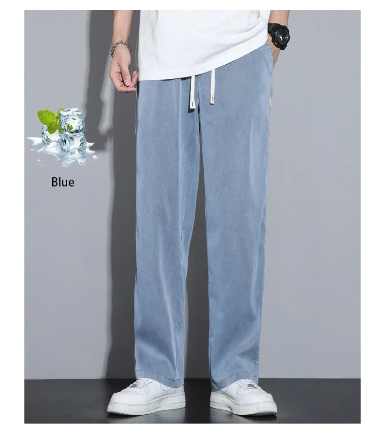 Summer Soft Lyocell Fabric Men's Jeans Thin Loose Straight Pants Drawstring Elastic Waist Korea Casual Trousers Plus Size M-5XL