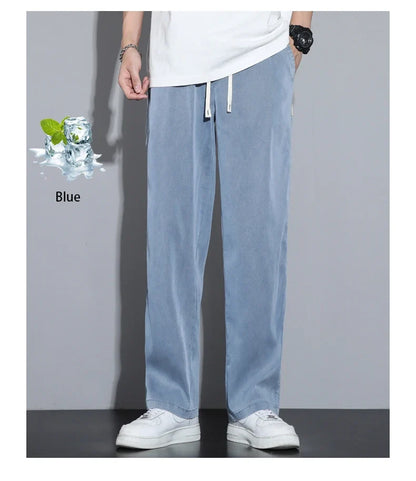 Summer Soft Lyocell Fabric Men's Jeans Thin Loose Straight Pants Drawstring Elastic Waist Korea Casual Trousers Plus Size M-5XL