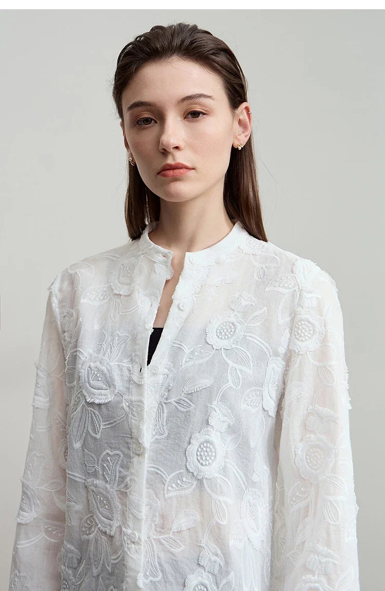 2025 Autumn New Elegant Embroidery Women's Shirt Stand Collar Wide Shoulder Office Lady Loose Blouses Women Tops 12543066